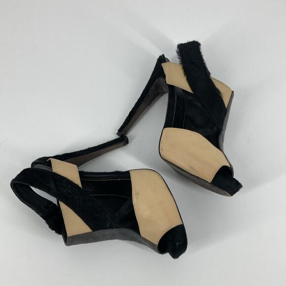 Aperlai Paris Womens Black Gray Tan Leather Pony Peep Toe Heels Size 38 1/2 - Picture 9 of 16